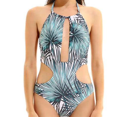 Womens Halter Print Deep V Neck Hole Sexy One Piece Beachwear Sets