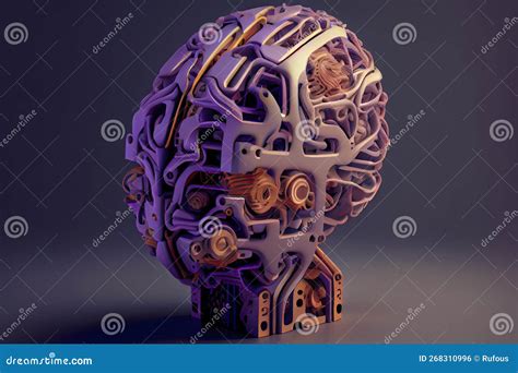 A Robot Head Model With A Human Brain On It D Rendering Stock