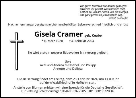 Traueranzeigen Von Gisela Cramer Trauer Rheinmain De