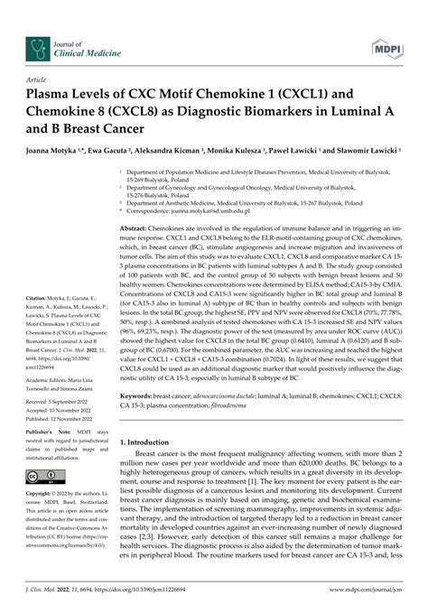 Pdf Plasma Levels Of Cxc Motif Chemokine Cxcl And Chemokine