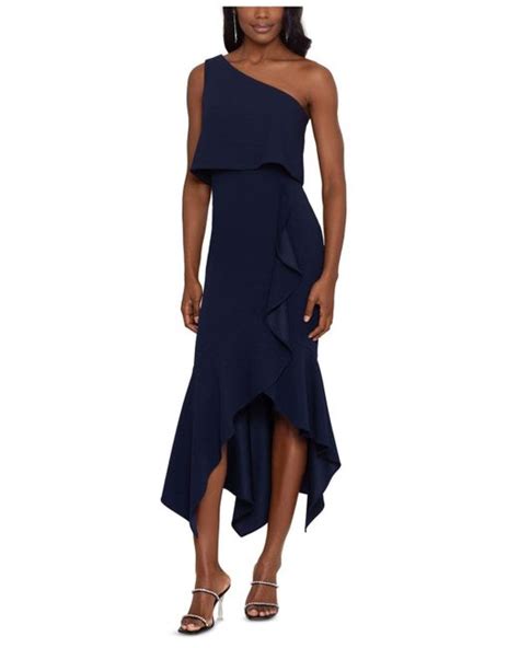 Xscape Synthetic One Shoulder Popover High Low Sheath Dress In Navy