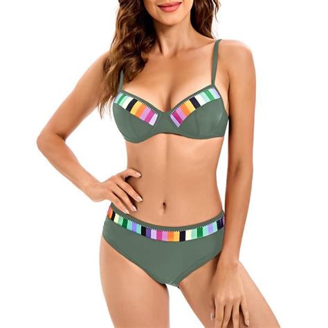 Maillot De Bain Femme 2 Pieces Stretch Col V Bandage Slim Fit Sexy Bikini Amincissante Ete Vert