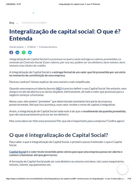 Integralização De Capital Social O Que É Entenda Pdf