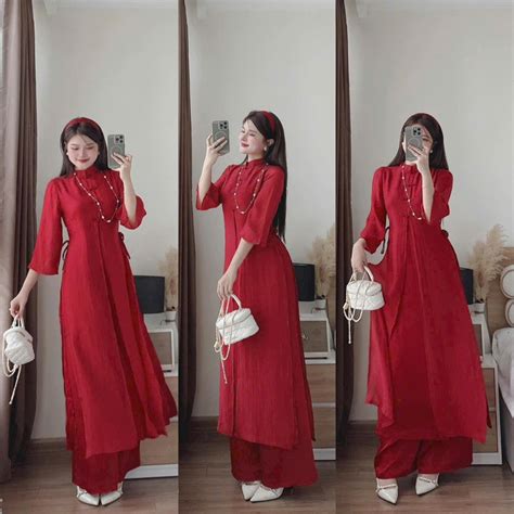 Set ÁO DÀI đỏ hiện đại hot trend kiểu tàu áo ngoài voan tơ lót lụa cổ trụ tay lỡ cột nơ eo