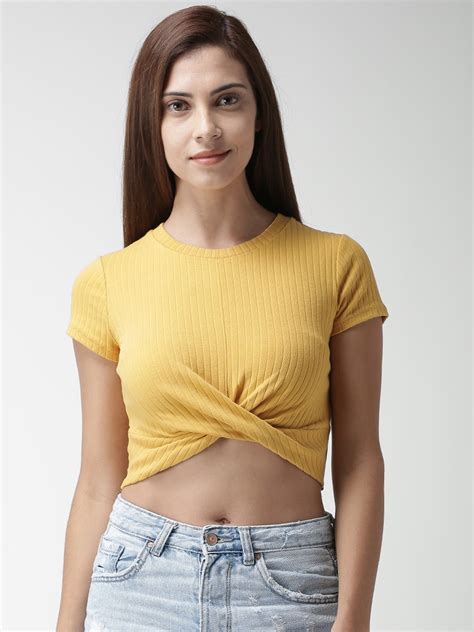 Buy Forever 21 Women Mustard Yellow Striped Wrap Crop Top Tops For