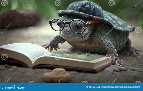 A Turtle Wearing Glasses And A Hat Reads Books Generative Ai Stock