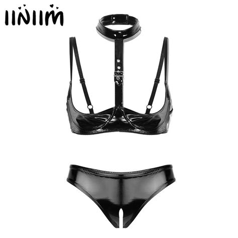 Womens Wet Look Leather Crotchless Open Cup Exotic Lingerie Set Open Cups Shelf Bra Top With