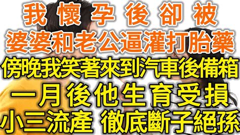 我懷孕後卻被，婆婆和老公逼灌打胎藥！傍晚我笑著來到汽車後備箱！一月後他生育受損小三流產，徹底斷子絕孫！落日溫情中老年幸福人生幸福生活幸福人生中老年生活為人處世生活經驗情感故事