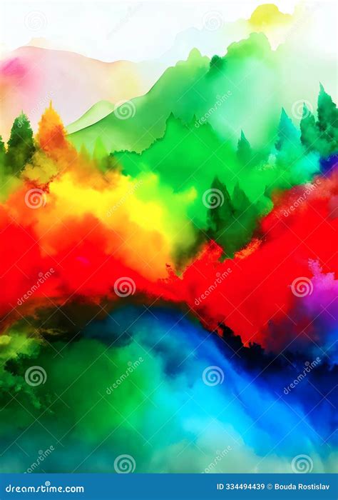 vibrant colorful landscape abstract nature scene mountains trees stock