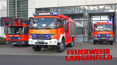 Ausrücken der Feuerwehr Langenfeld HLF 20 DLK 23 12 RW RTW