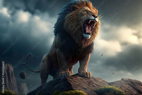 Wild lion roar on top of the hill ilustração do Stock | Adobe Stock