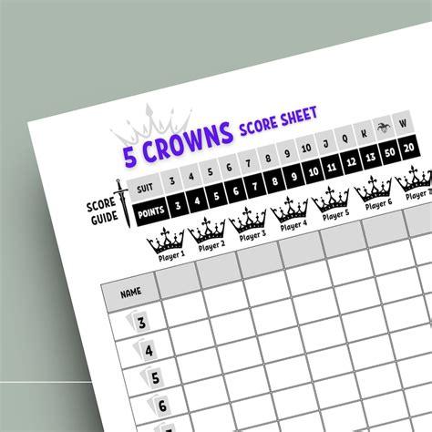 Five Crowns Score Sheet Printable Score Sheet Instant Download 5