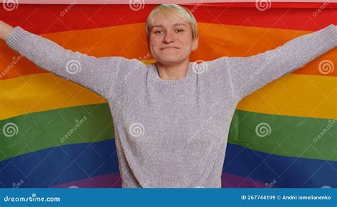 Woman With Short Hair With Rainbow Lgbt Flag Celebrate Parade Show