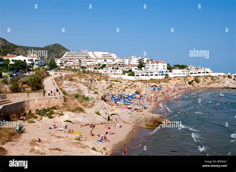 View across one of the beaches in Sitges, Spain. Sitges is the coastal ...