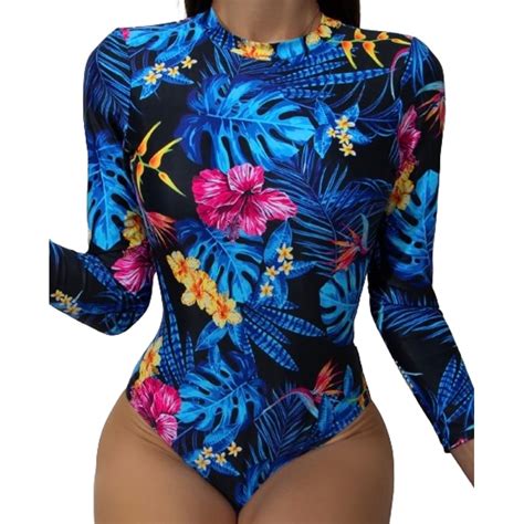 GENERICO Bañador Traje de Baño Bikini Una Pza Manga Larga Diseño Flores falabella