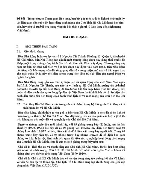 bai thu hoach tu tuong ho chi minh tai bao tang nha rong studocu