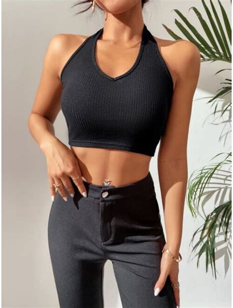 Buy Shein Petite Solid Rib Knit Crop Halter Top Online Topofstyle