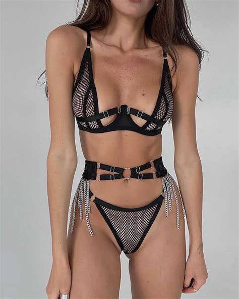 Womens Sexy Mesh Fishnet Lingerie Tassels Bra And Panty Set From Siliconevibrators