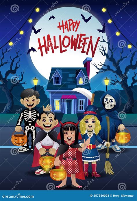 Halloween Night With Kids Wearing Costume Stock Vector Illustration