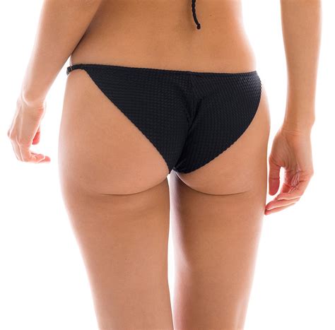 Adjustable Black Textured Cheeky Bikini Bottom Bottom Cloque Preto