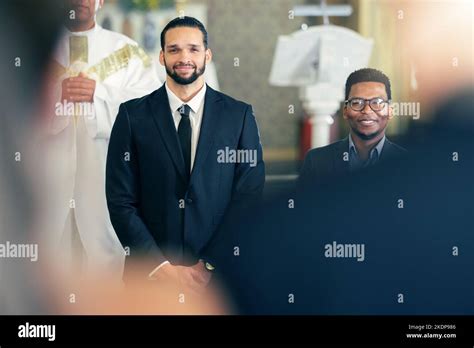 Wedding, marriage and groom waiting at the altar for bride walking down ...