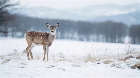 Premium AI Image | a deer stands in a snowy field in front of a snowy ...