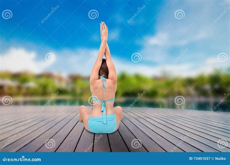 Yoga Meditation Near Pool Bikini Body Woman Stock Image Image Of