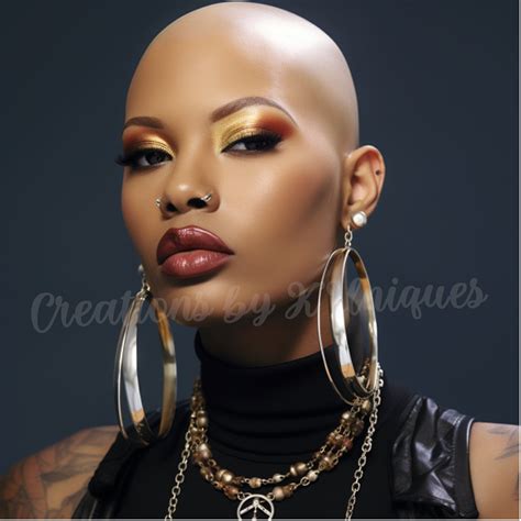 Bald Black Woman, Afro Queen, Makeup, Earrings, Tattoos, Fashion, PNG