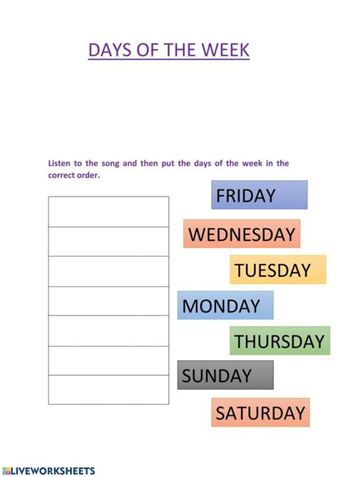 Days Of The Week Online Worksheet For Grade 1 2 1st Grade