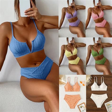 New Split Solid Color Bikini Deep V High Waist Sexy Swimsuit Fabric Swimsuit Women