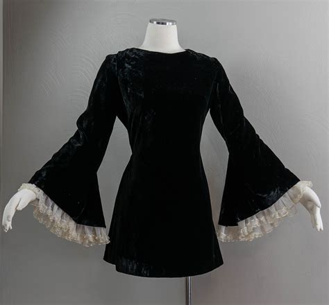 Vintage 60s Killer Black Velvet Bell Sleeve Mini Dress Shop Thrilling