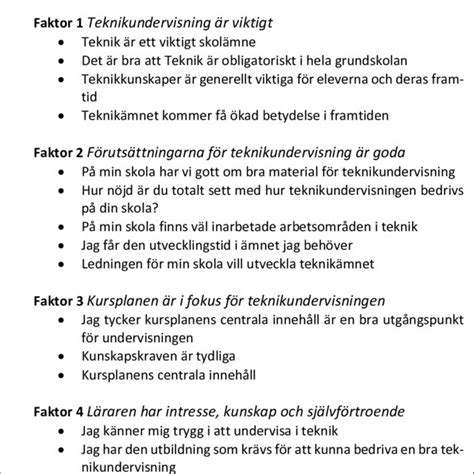 Figur 6 De fyra faktorerna och fördelningen av frågor och påståenden