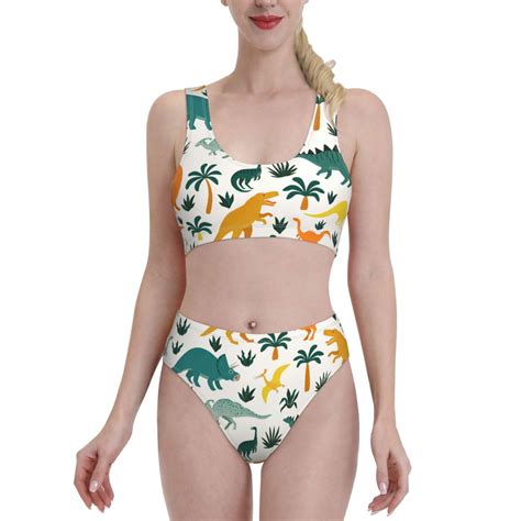Adobk Dinosaurs And Tropical Leaves Print Women High Waisted Bikini Set Sports Swimsuit Bathing