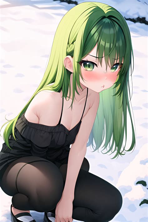 Anime Skinny Small Tits 40s Age Pouting Lips Face Green Hair Bangs Hair Style Light Skin Skin