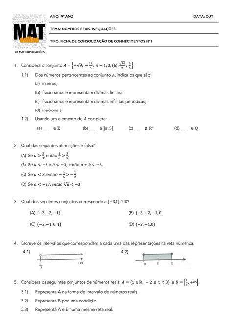 Números Reais Exercícios 9 Ano - exercicios de matematica - ANO: 9º ANO DATA: OUT TEMA: NÚMEROS REAIS ...