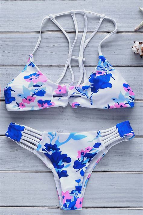 Blue Floral Print Cami Bikini Set Blue And White Bikinis Print