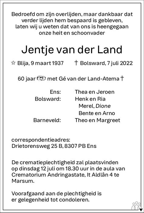 Jentje Van Der Land Overlijdensbericht En Condoleances