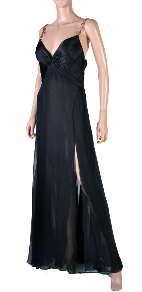 Versace Black Silk Chiffon Gown With Greek Key Straps Chiffon Gown