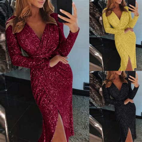 Women Sexy Deep V Sequins Wrap Ruched Long Sleeve Formal Party