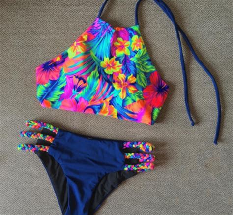 High Neck Flower Two Piece Bikini Swimwear Bathsuit Swimsuit On Luulla