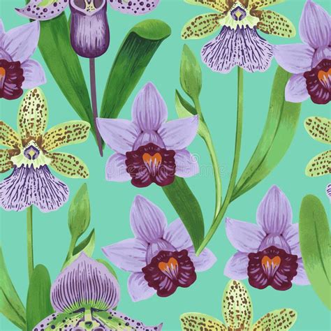 Vector Seamless Pattern With Colorful Psychedelic Orchid Flowers Hand