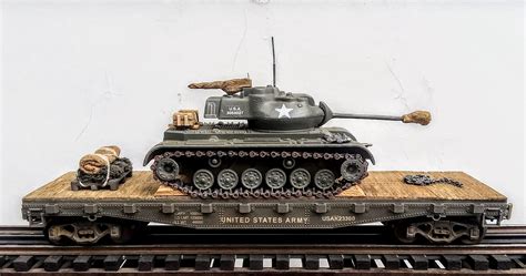 US Army M47 Patton Tank on 42′ Flat Car, USAX 23300(AV14-FC3.2USA)_Operates on 3-Rail “O”Gauge ...