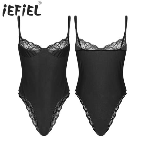 Mens Lingerie Crossdresser One Piece Lace Trim Bodycon Bodysuit