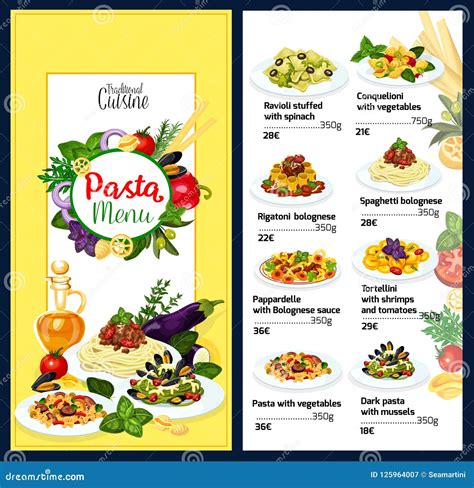 pasta menu  italian cafe  cuisine  italy stock vector