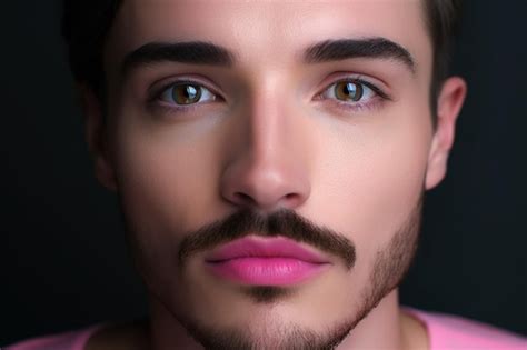 Premium AI Image Transgender Gay Man With Pink Lipstick Lips Male Bearded Face With Makeup