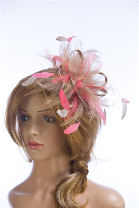 Taupe Nude Satin And Feathers With Coral Pink Highlights Small Feather Fascinator Hat Abbie