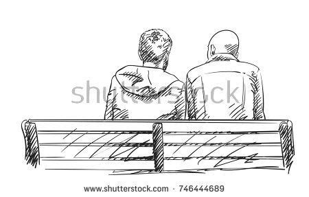 Two People Sitting On A Bench Looking At The Sky Hand Drawn