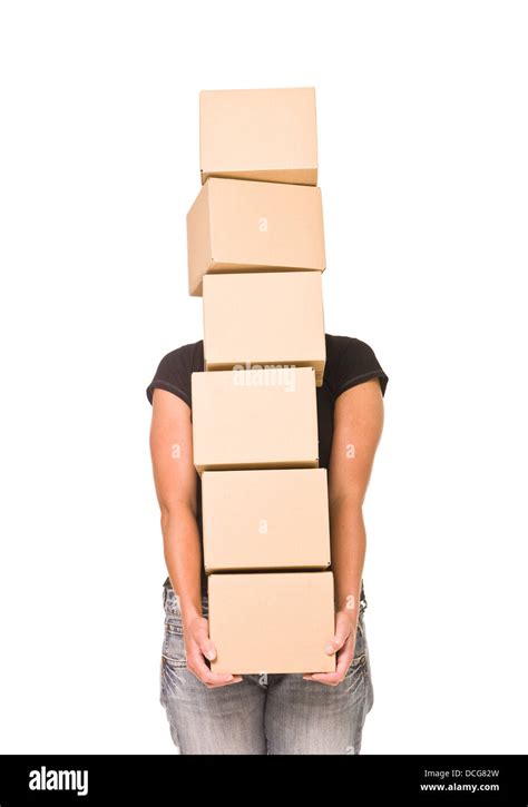 Woman Carrying Cardboard Boxes Stock Photo Alamy