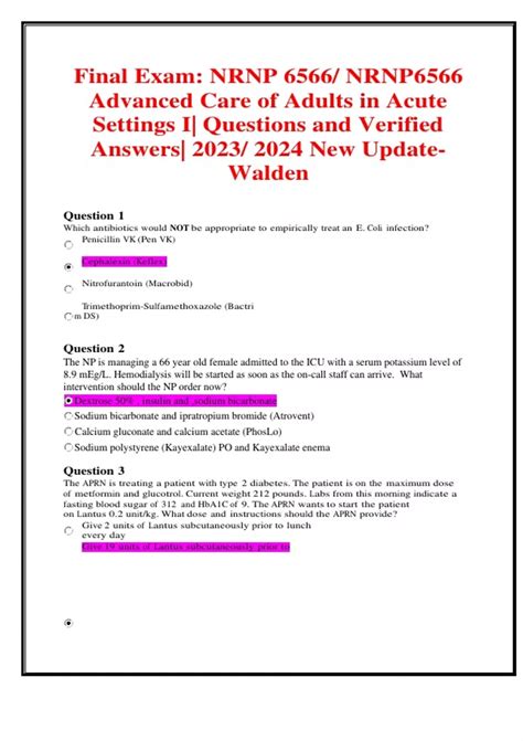 Final Exam NRNP 6566 NRNP6566 Advanced Care Of Adults In Acute