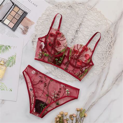 Flower Leaves Embroidery Lingerie Set Women Sexy Nightwear Transparent Mesh Bra Panties Sets